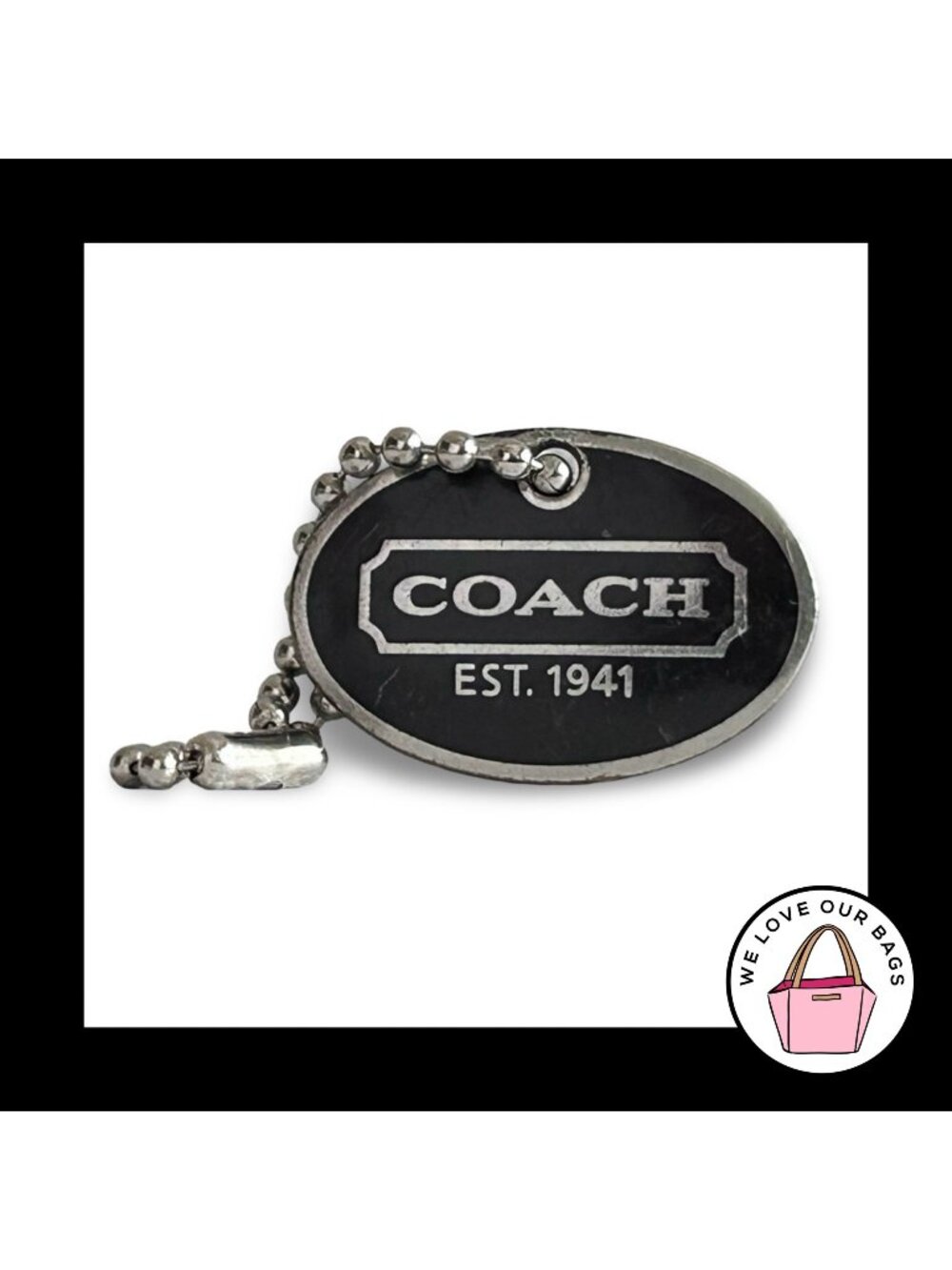 Y2K COACH DOG COLLAR ID Hang Tag Charm Black Silver Nickel Oval Bag Fob Keychain